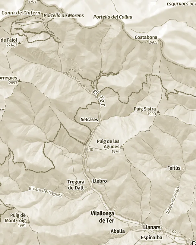 Mapa topogràfic de Setcases, uns 11 km d’amplada