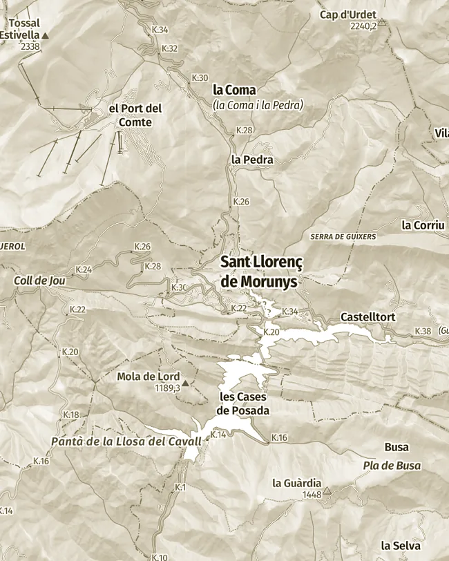 Mapa topogràfic de Sant Llorenç de Morunys, uns 11 km d’amplada